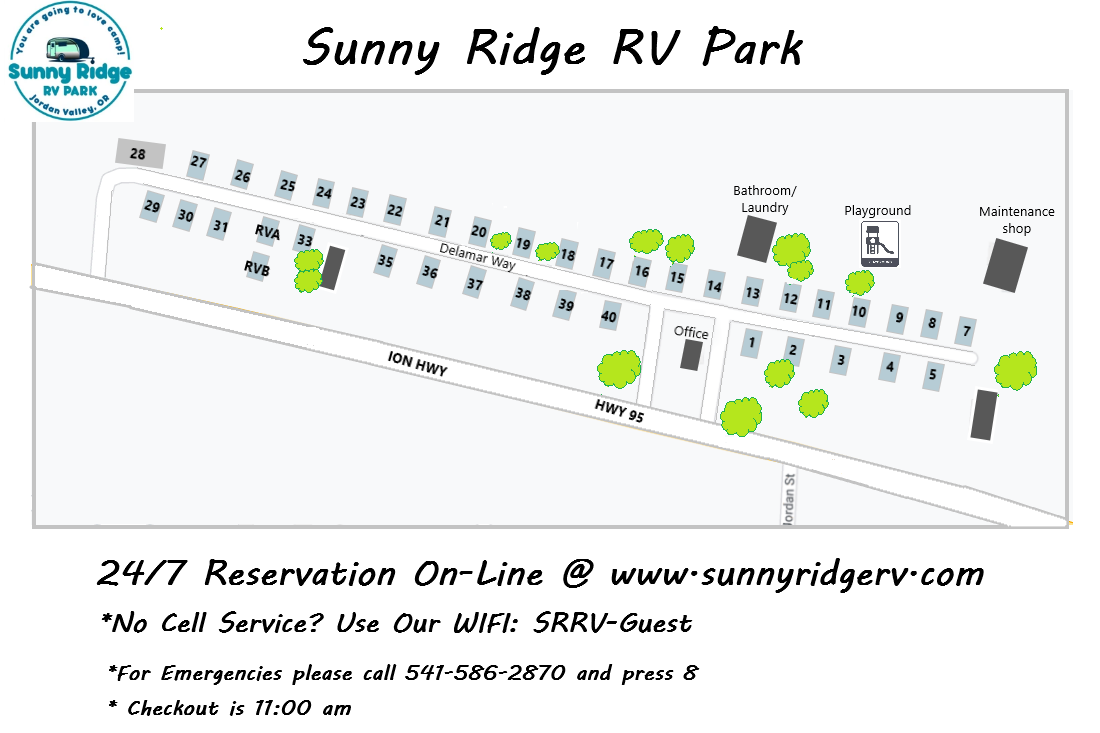 Sunny Ridge RV Park site map showing the layout of all 40 sites and trees