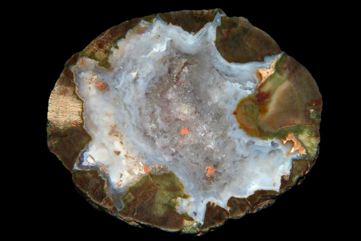 Cut and polished thundereggs showing banded agate centers from the Owyhee canyonlands